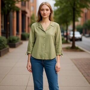 Sacred Threads Womens Button Down Top Shirt OS Green Tie Sleeve Collared